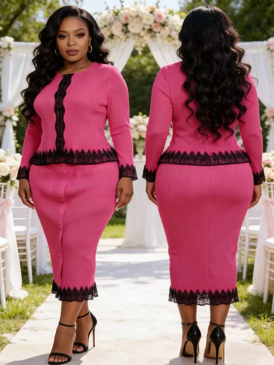 

Новый женский костюм-двойка 2026: плиссированный кардиган Miyake с кружевными вставками и свободная юбка до бедер