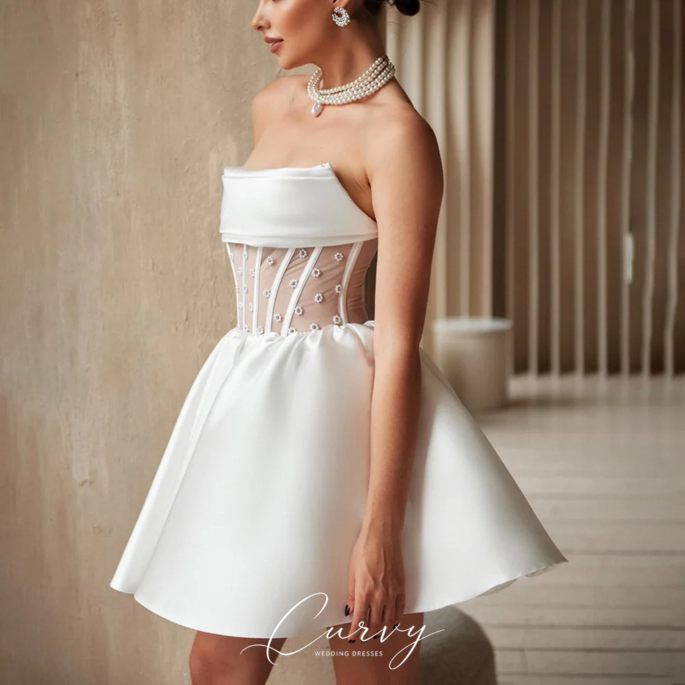 Curvy Minimalist Romantic Wedding Dress Folded Strapless Neck  Lace Up Back Satin Mini Skirt Customized for Women 2026