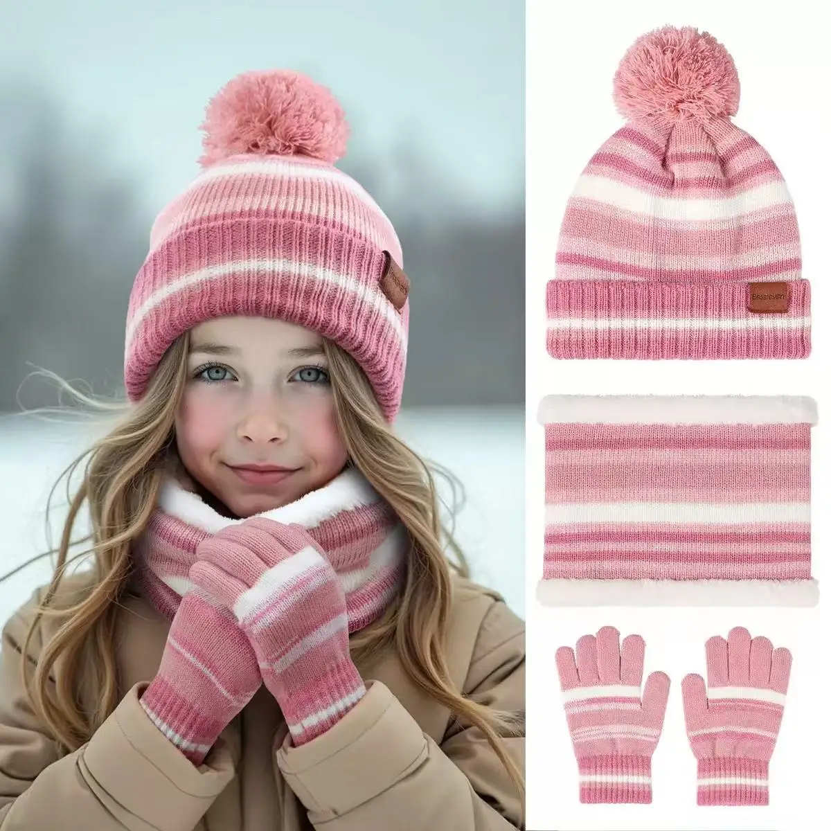 

Children's Hat Scarf Gloves Three-piece Set for Autumn and Winter Color-blocked Fleece-lined Warm Scarf Knitted Cap for Sports