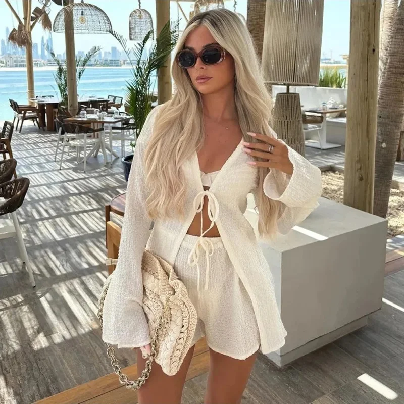 White Lace Up V Neck Long Sleeve Shirt Set Women Fashion High Waist Shorts 2 Pces Sets Summer Casual Loose Female Beach Outfits