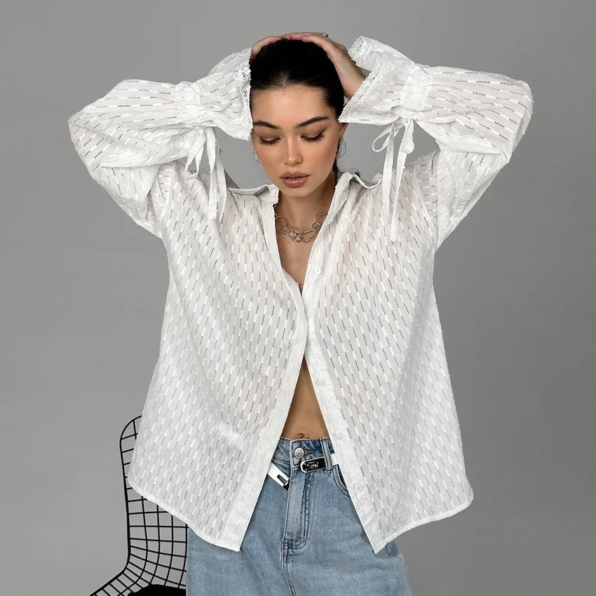 

Simple And Stylish White Jacquard Shirt Women's Spring Loose Casual Flared Sleeve Lapel Shirt Women's Clothing