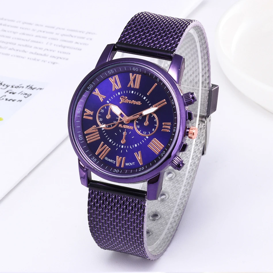 Foloy Women Watches Quality Fashion Geneva Roman Numerals Faux Leather Analog Quartz Ladies Purple Watch Bracelet Clock Gift