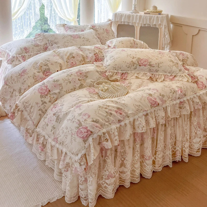 French romantic floral pure cotton bed skirt four-piece cotton retro princess style lace quilt cover cotton sheet