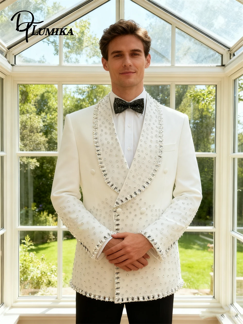 

DTLumika Luxury Mens Suit with Pearls & Crystals, Double Breasted Groom Wedding Suit Stylish Shawl Tuxedo Wedding Party Suits