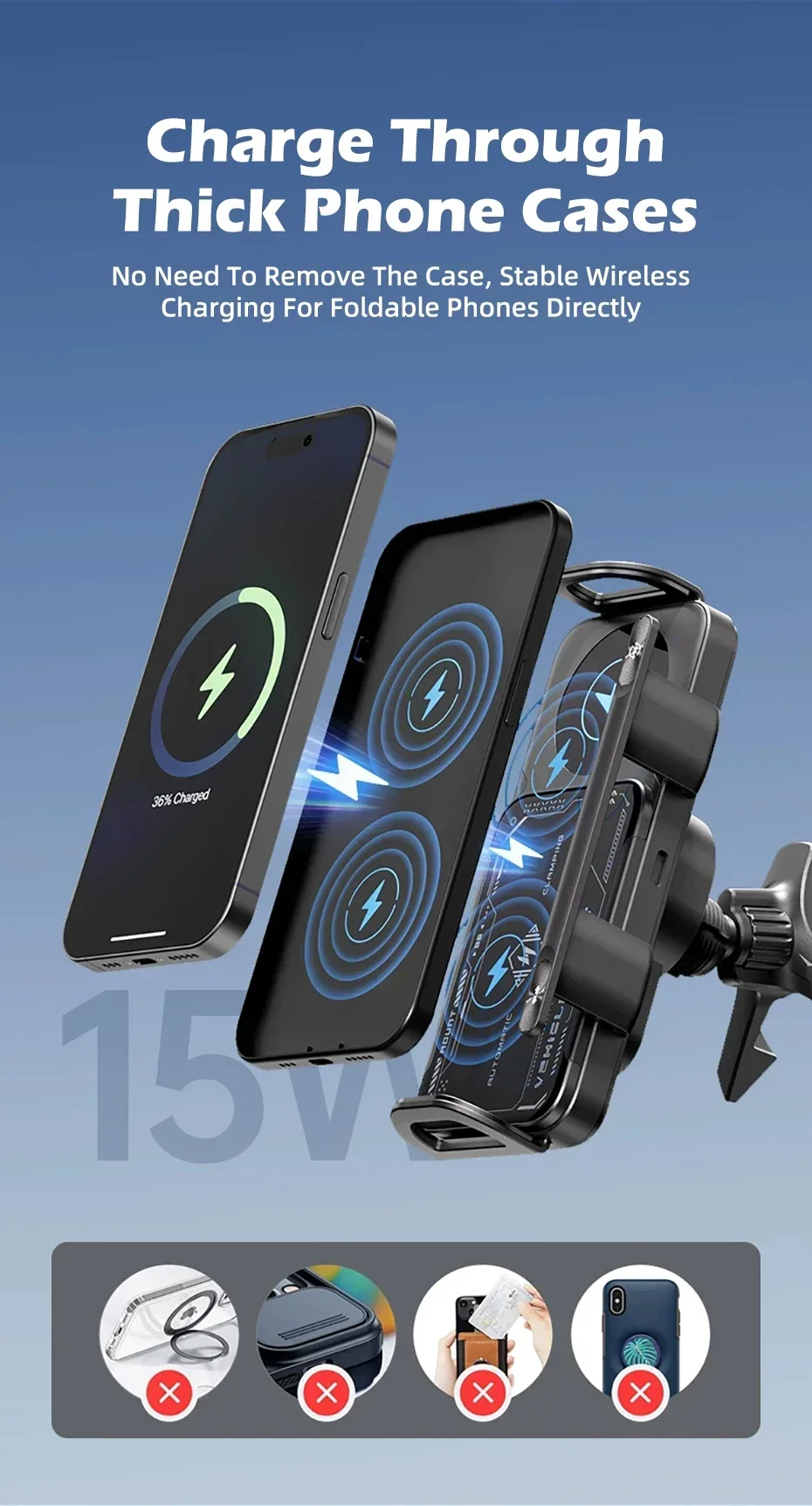 Vyvylabs Auto-Handyhalterung 15W Kabelloses Ladegerät Automatische Klemmung 360° ° Drehbare Lüftungshalterung für faltbare Handys und Tablet-Zubehör – Detail 11