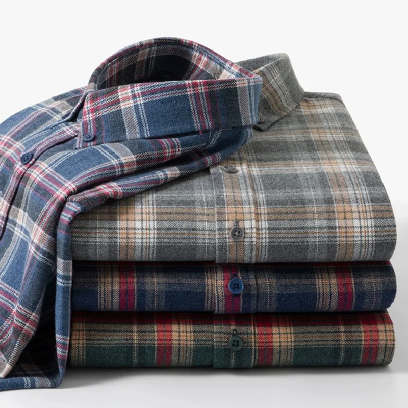 

Oversized 7XL 6XL Mens Plaid Shirts Long Sleeve Causal Thick Autumn Double-sided Brushed Soft Checked Fashion Luxury Man Clothes