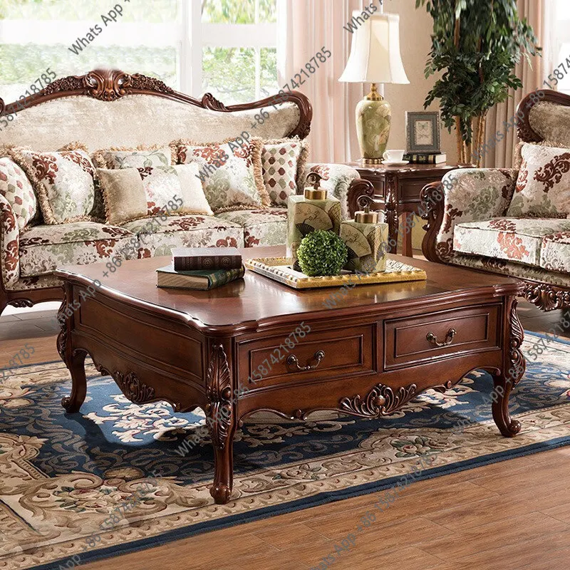 American coffee table solid wood, living room furniture European tea table wooden European retro carved tea table complete
