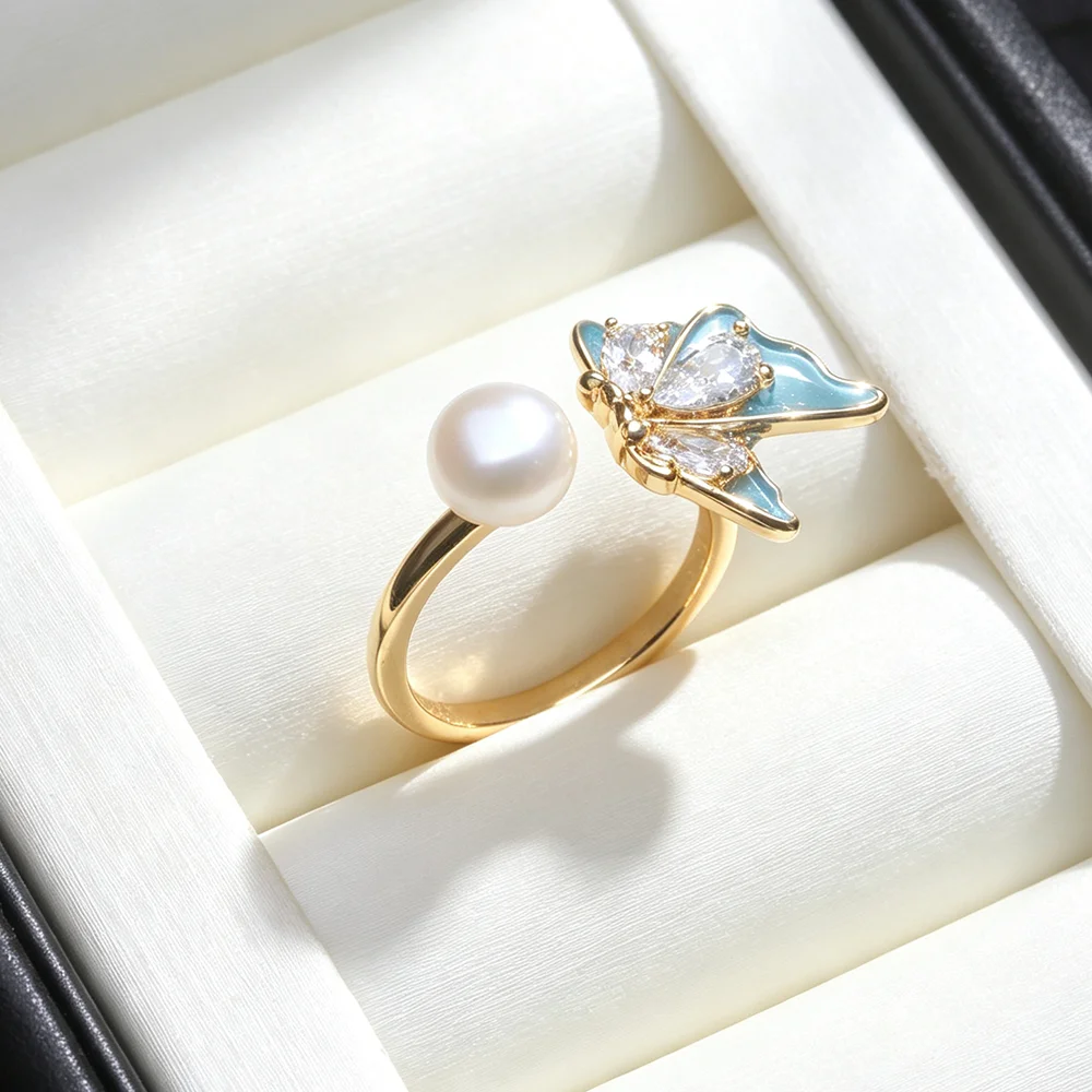 Echte Süßwasser-925-Silber-Perlenringe, Verstellbar, Niedlicher Blauer Ring mit Echten Perlen, Geburtstagsgeschenk für Mutter oder Ehefrau, Weiß Schwarz – Detail 5