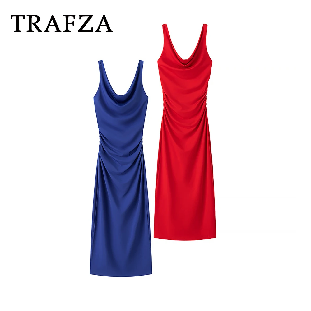 TRAFZA Chic Pleated Solid Sexy Dresses Fashion 2025 Spring Women Shirring Sheath Long Sleeveless Dress Night Party Club Vestido