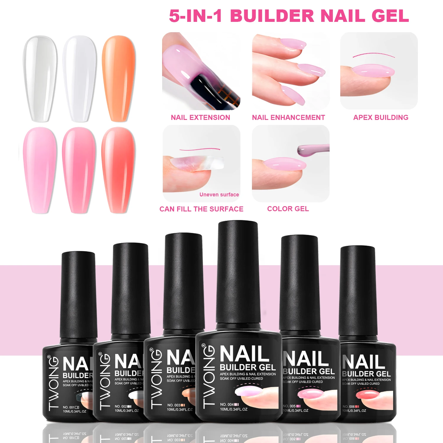 TWOING 10ml Builder Gel Nail Polish for Nail Apex & Extension Strengthener Upgraded Soak Off UV Gel Rhinestone Glue 6 Colors