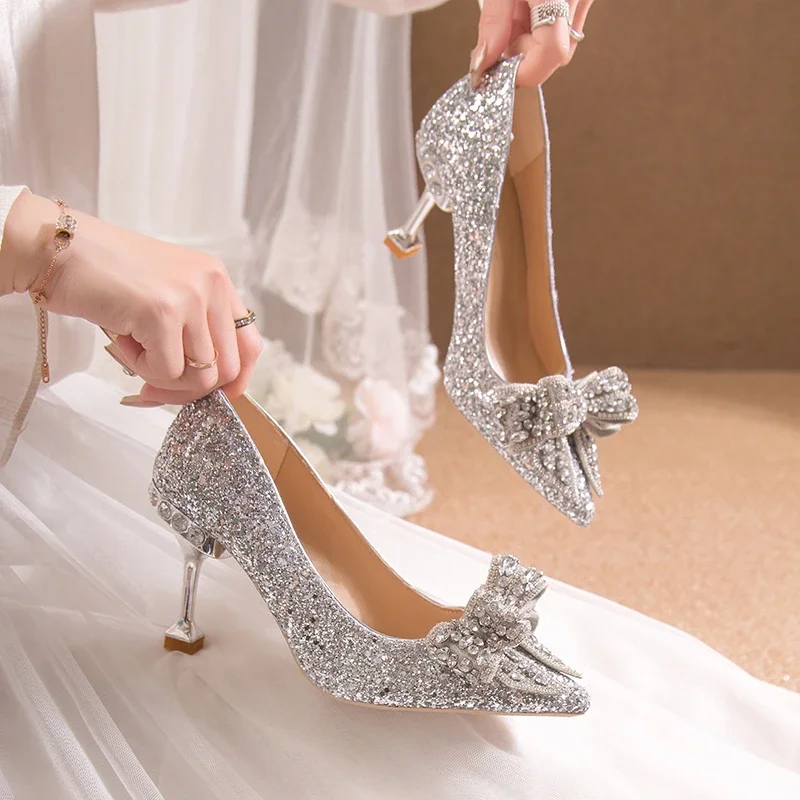 Tacones altos de diamante de agua para mujer, tacones finos, zapatos nupciales de boda, Punta puntiaguda, boca baja, zapatos individuales, tacones altos