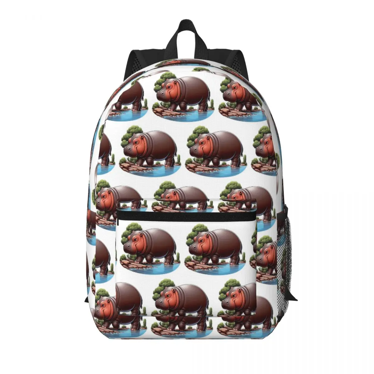 A Pygmy Hippopotamus Strolling By The River Student Backpack School Bag Hiking Travel Daypack Boys Girls Bookbag Shoulder Bags