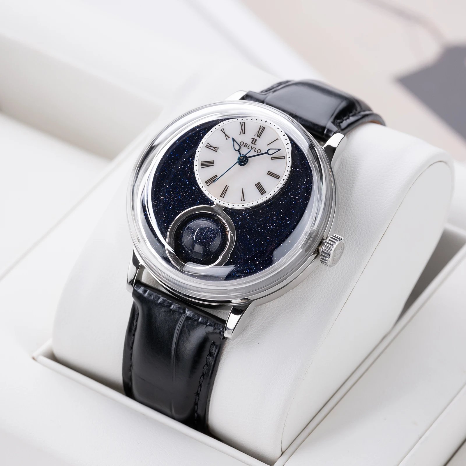 OBLVLO Mens 316L Stainless Steel Mechanical Automatic Watch Hollow Starry Sky 24-Hour Display Leather Strap Classic Wristwatch