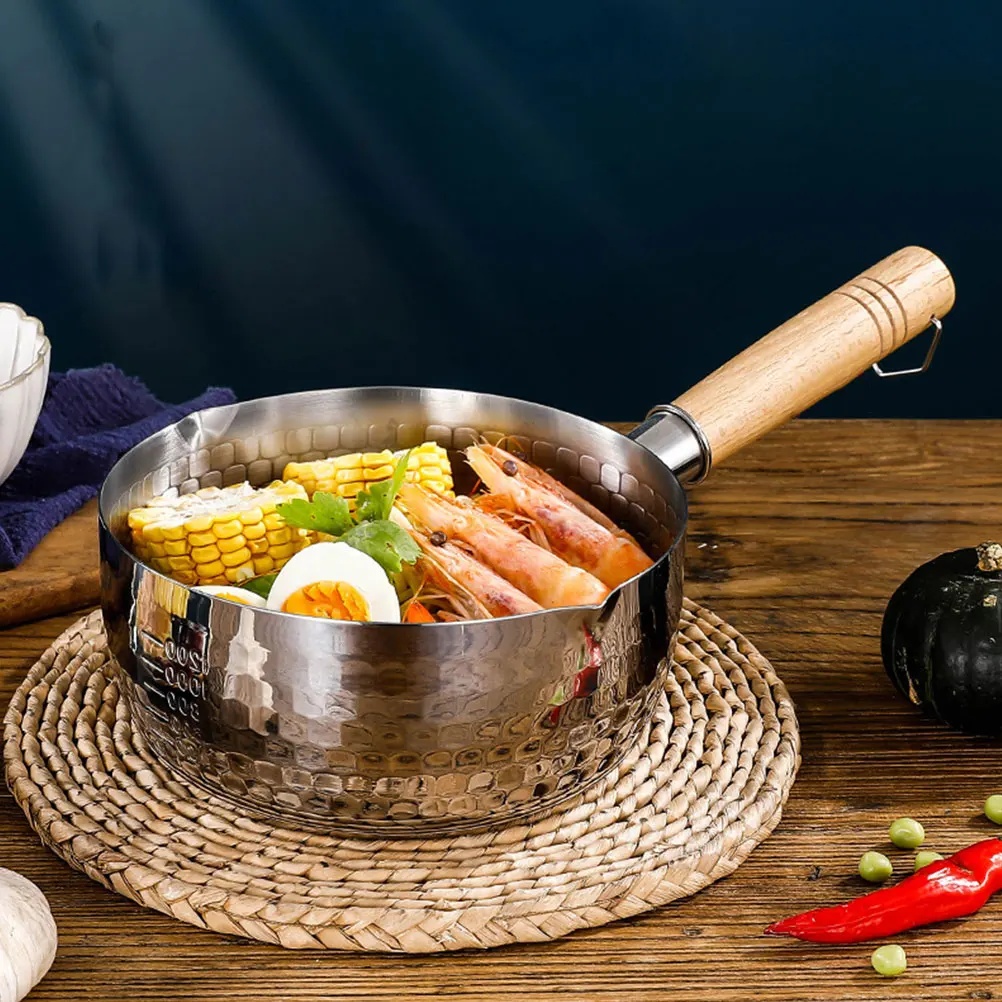 

Stainless Steel Milk Pot Wooden Handle Thickened Soup Stockpot Baby Food Cooking Stew Saucepan Space Saving Hanging Ring
