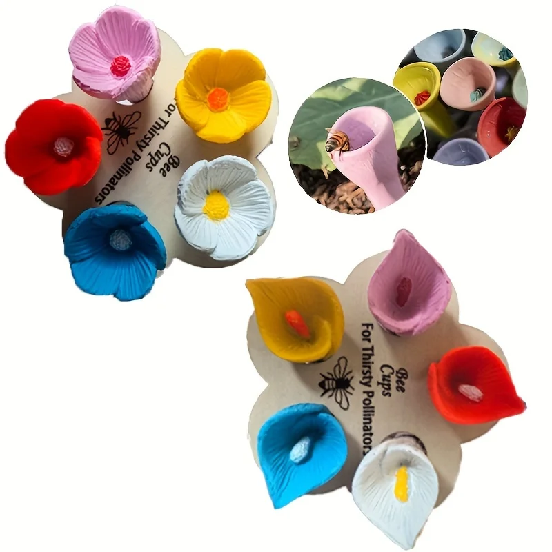 

Colorful Resin Flower Insect Bee Water Feeder - Set of 5 Drinking Cups with Wooden Stand for Pollinators Hydration