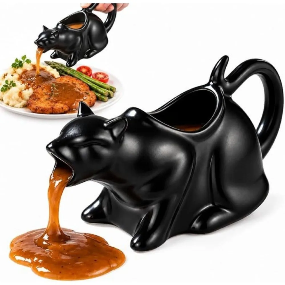 Animal Sculpture Ceramic Cat Gravy Pitcher Curved Tail Handle Mouth Pouring Port Condiment Pitcher Boat Wide Top Opening Cartoon
