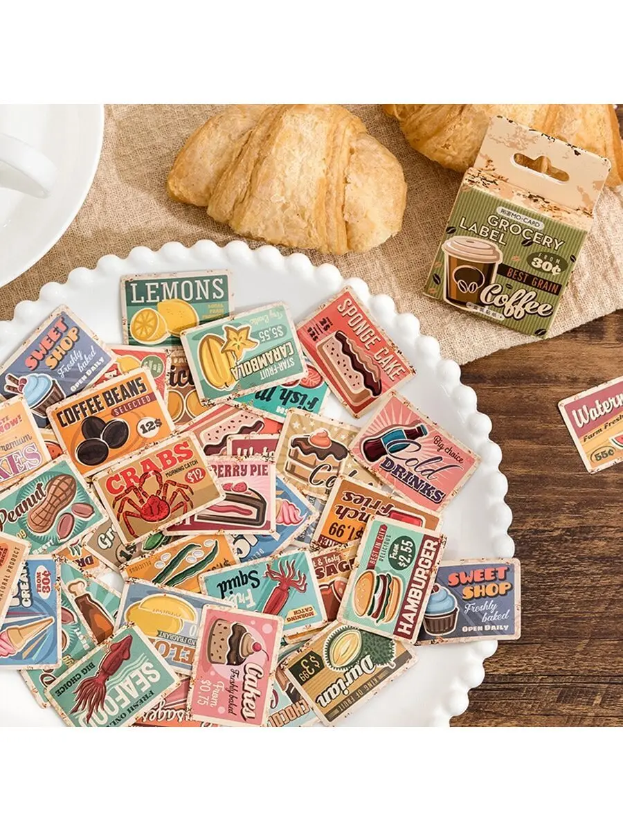 1 Box 45pcs Retro Poster Style Stickers Set For Beverages, Food & Grocery. Perfect For Diy Scrapbooking, Art Journaling, Accesso