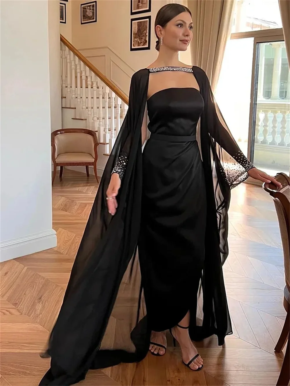 Elegant Sequin Black Mermaid Prom Dress Women's Strapless Ankle Length  Party Evening Gown