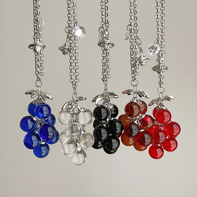 Minar Creative Candy Color Coloured Glaze Grape Cluster Starburst Planet Pendant Necklace for Women Silver Plated 0-chain Choker