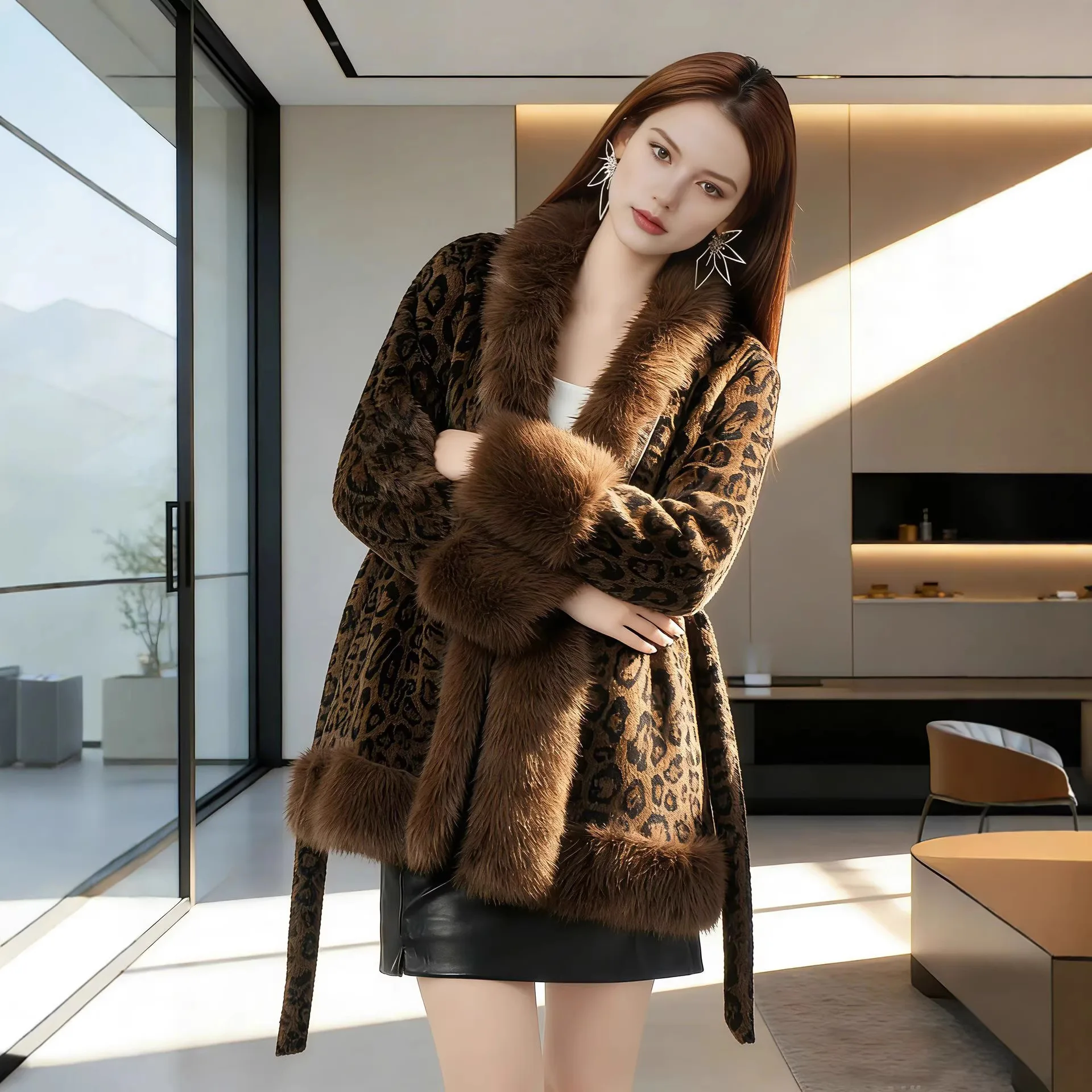 

Spring Winter New Loose and Thickened Warm Patchwork Fur-Integrated Over-the-Knee Long Coats Faux Fox Fur Collar Outwear Women