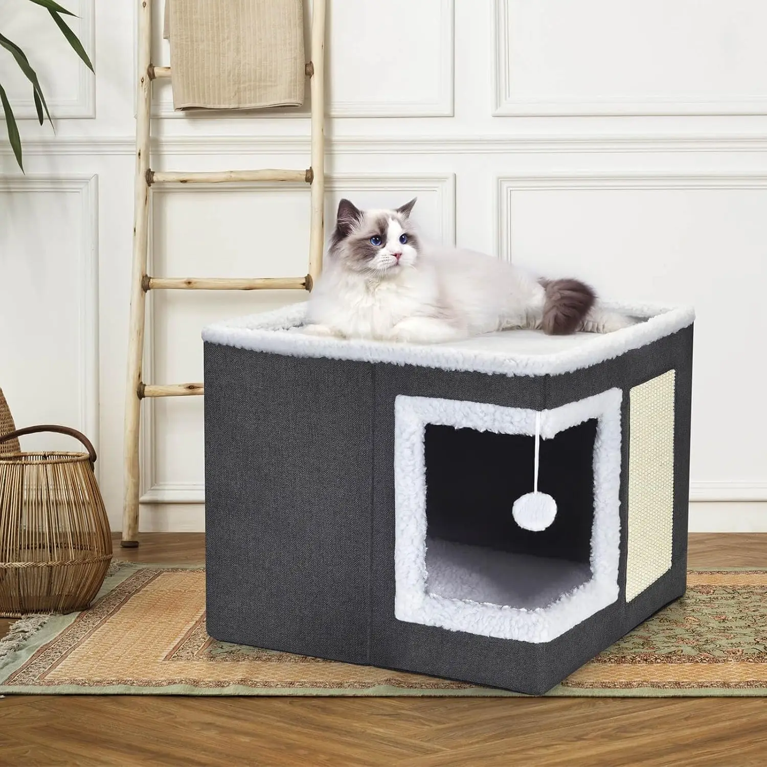 Cat Bed for Indoor Cats, Large Covered Cat House with Scratch Pad, Foldable Cat Cave Bed & Hideaway Cube with Reversible Cushion