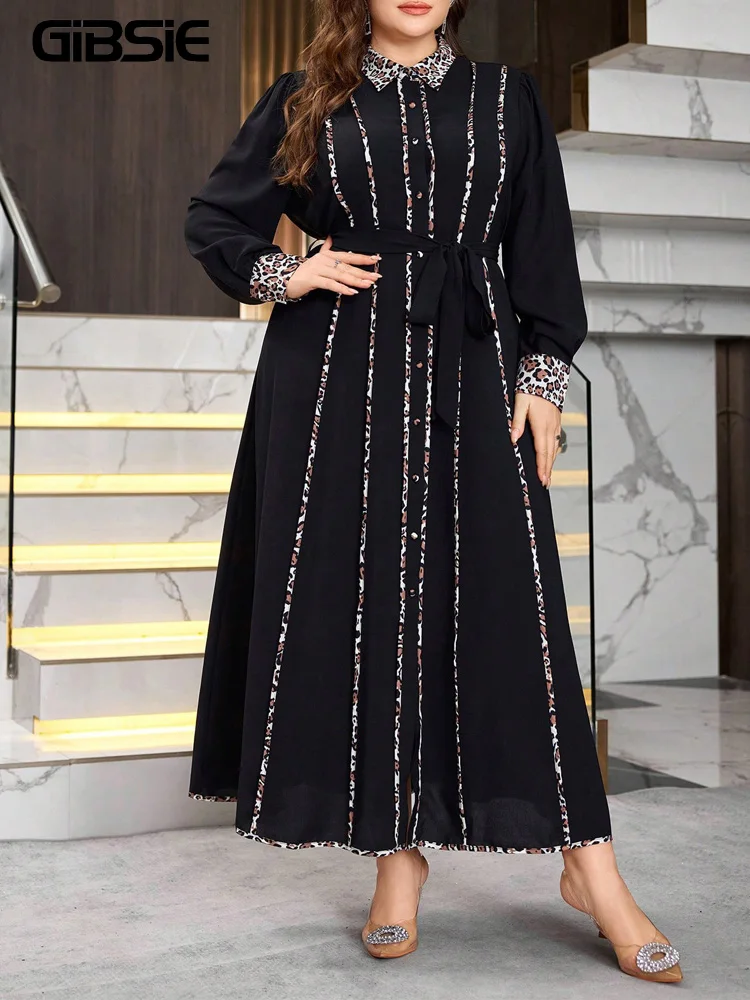 

GIBSIE Plus Size Leopard Print Long Sleeve Belted Shirt Dress Women 2026 Autumn Elegant Front Slit A-line Fashion Long Dresses