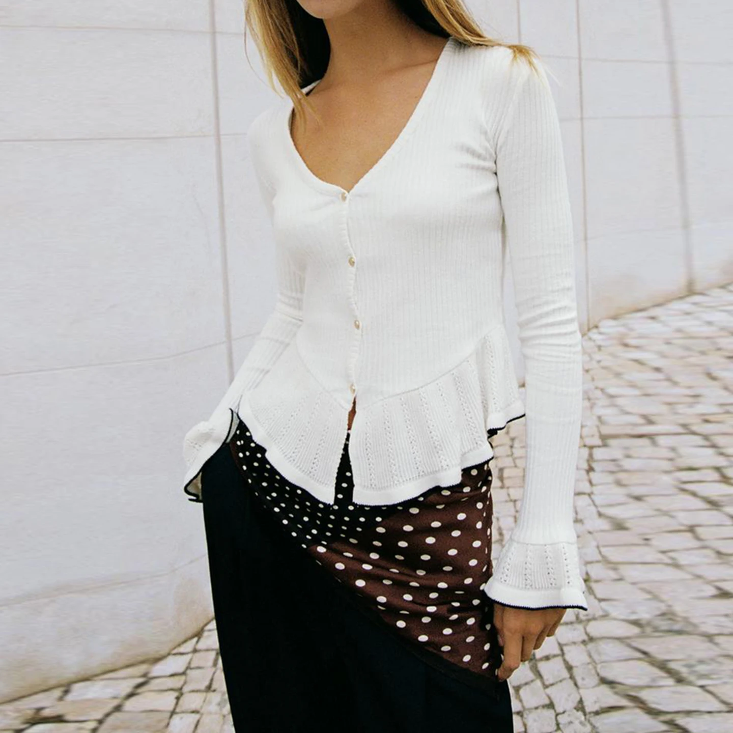 Casacos macios femininos faion decorativo em camadas colete 2025 outono novo sle v-ne longo sve botão fechamento fino ajuste malhas