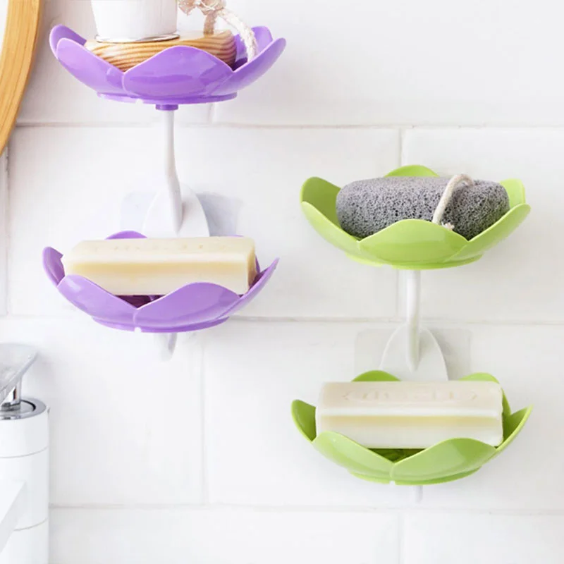 1PC Double Layer Flowers Lotus Shape Draining Soap Dish Soap Box Plate Holder Portable Punch-free Soap Tray Bathroom Accessories