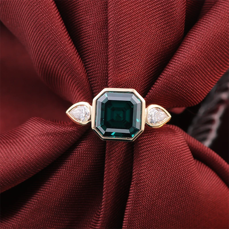 Provence 18K/14K/10K Yellow Gold 3ct D Color VVS1 GRA Certified Asscher Cut Deep Green Moissanite Ring Three Stone Trendy Gift