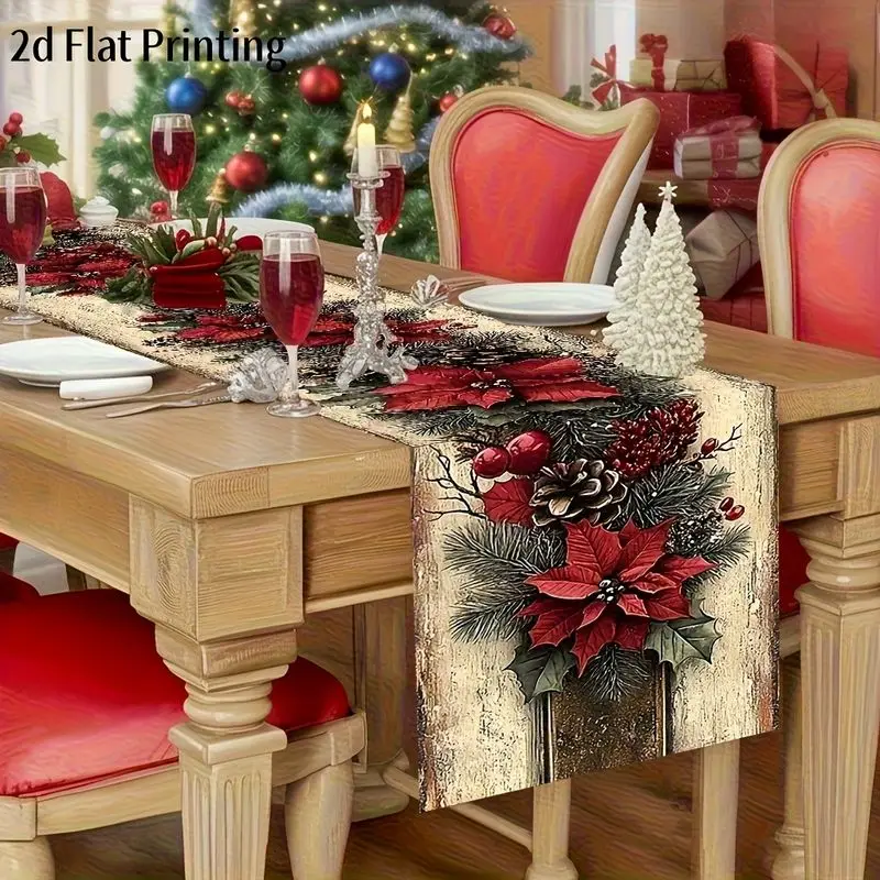 VIKAMA Winter Floral Table Runner, Waterproof Retro Xmas Pine Branch Flower Pattern Table Runner For Dining Table Home Decor