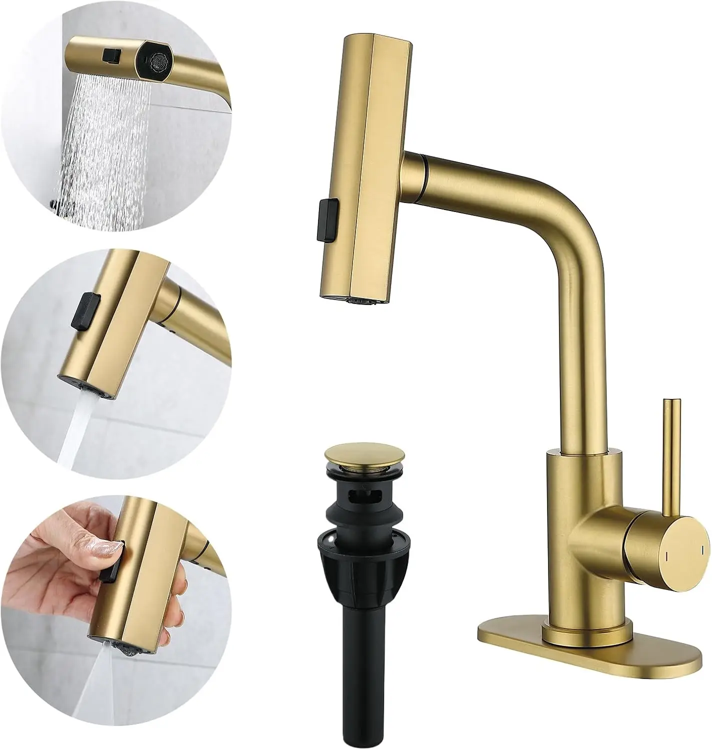 Phil Wasserfall Bad armaturen mit 3-Modus-Pull-Down-Sprayer, Einhand moderne Waschbecken Wasserhahn mit Pop-up-Abfluss und
