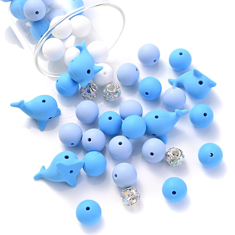 52Pcs Cute Cartoon Whale Silicone Beads Colored Round Focal Beads For Jewelry Making DIY Keychain Necklace Bracelet Accessories