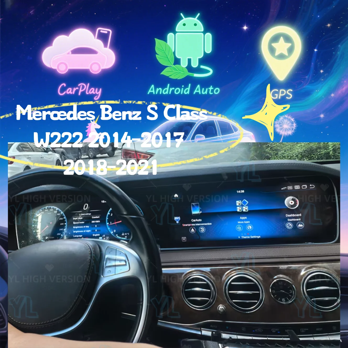 

yanf Dual Screen For Mercedes Benz S W222 2014-2021 Digital Cluster Android 14.0 Auto Car Radio Navi Wireless CarPlay Head unit