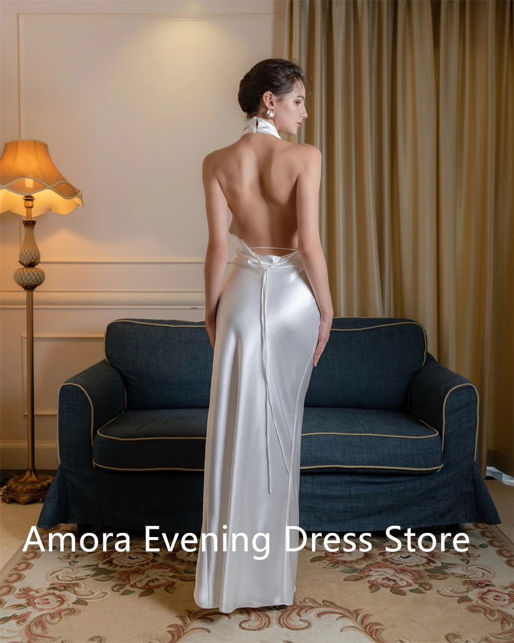 Customized Temperament  Satin  Evening Dress High Quality Halter Sleeveless Backless Open Back Mermaid Side Slit  Prom Dress
