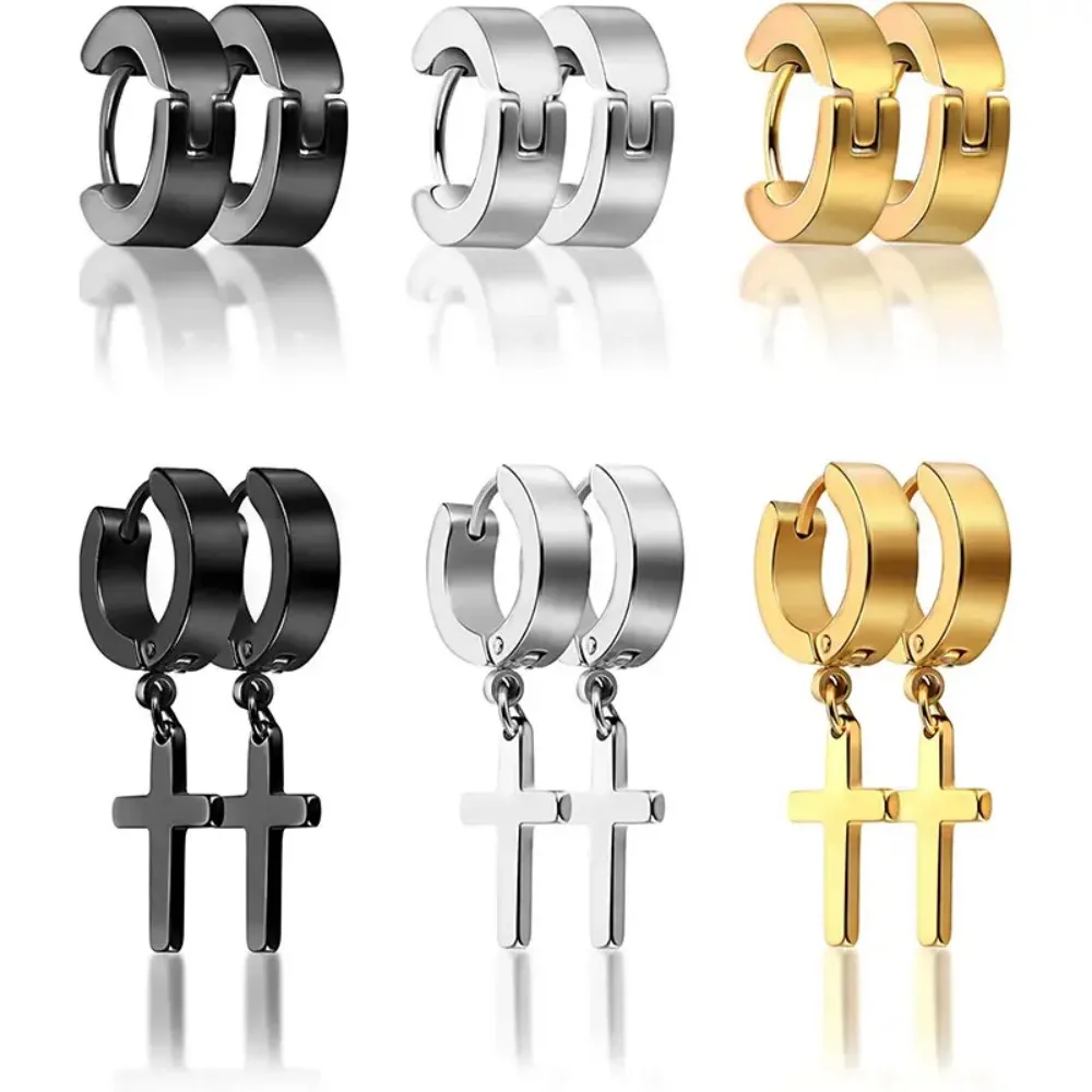 6 Pairs of Stainless Steel Earrings with Hanging Crosses Golden Black and Silvery Magnetic Closure Basics Style Elegant Jewelry