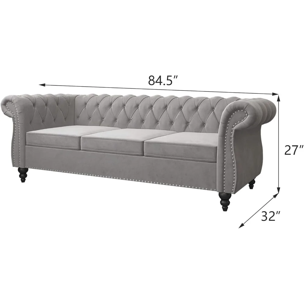 3 Piece Living Room Set,Velvet Chesterfield Sofa Loveseat Couch Chair with Scroll Arms and Nailhead for Living Room,Office  Grey