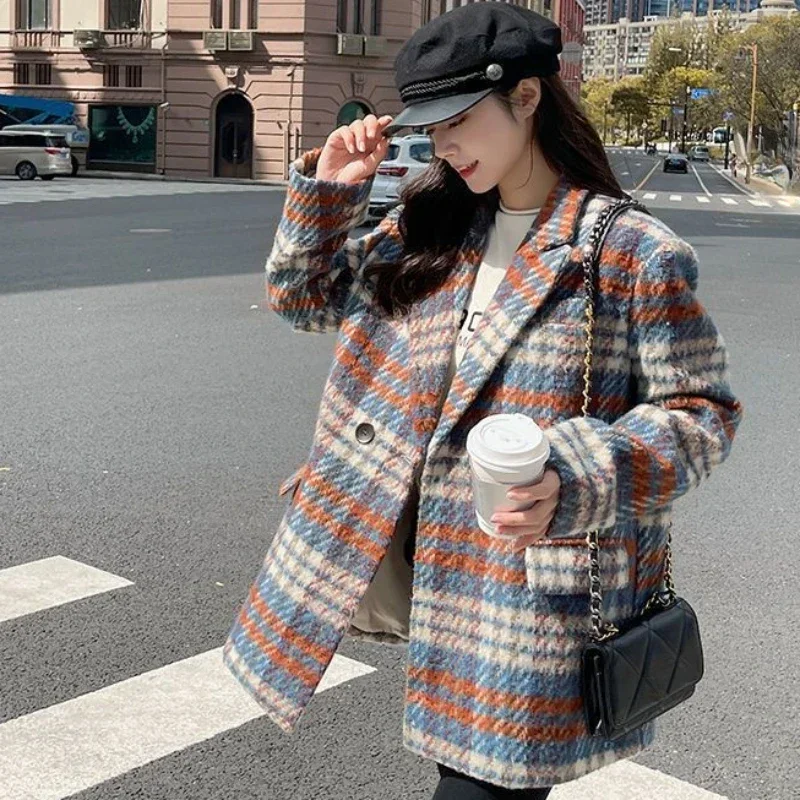 Gabardina de lana y mezcla para mujer, abrigo largo a cuadros, chaqueta a cuadros, Blazer de Tweed