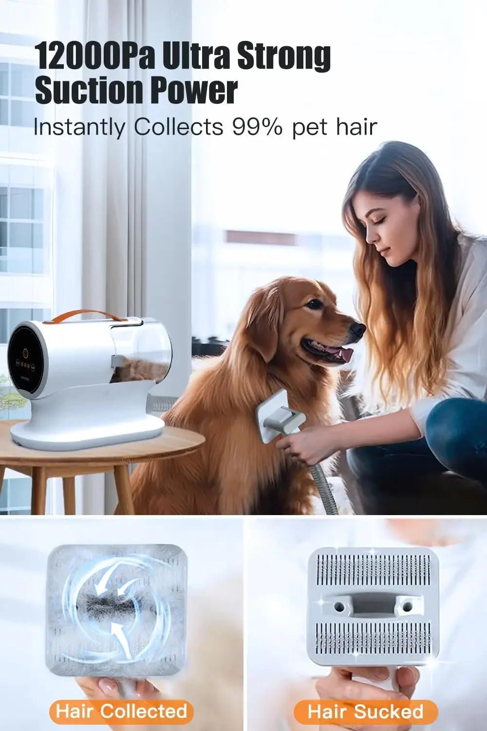 Vacuum & Dog Hair Vacuum, 12000Pa Powerful Dog Vacuum for Shedding Grooming Hair, 2L Large Dust Cup, Low Noise, 3 S