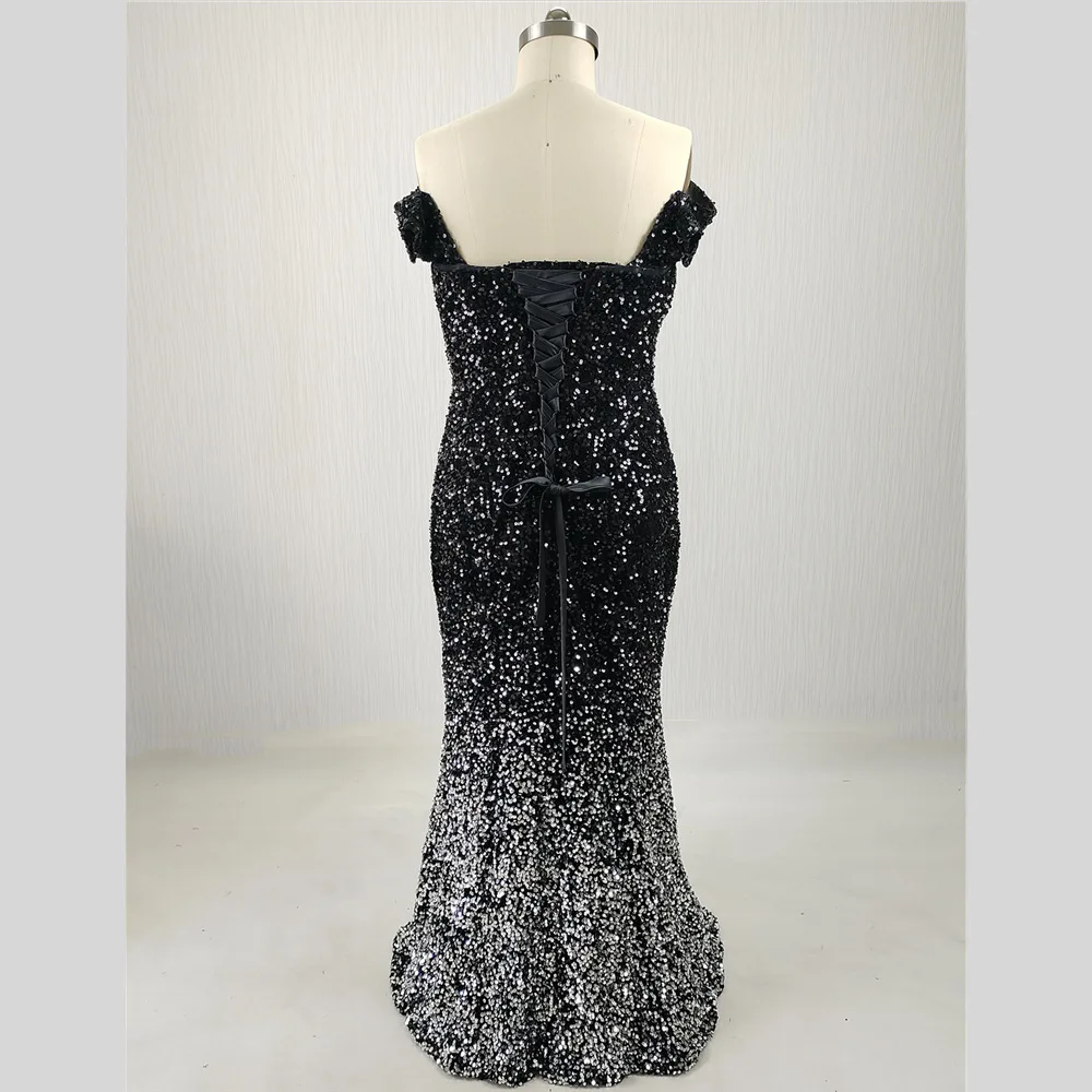 Feelingarden personnalisé Photo réelle robe de soirée noir paillettes hors de l'épaule sirène longueur de plancher grande taille femme robe formelle