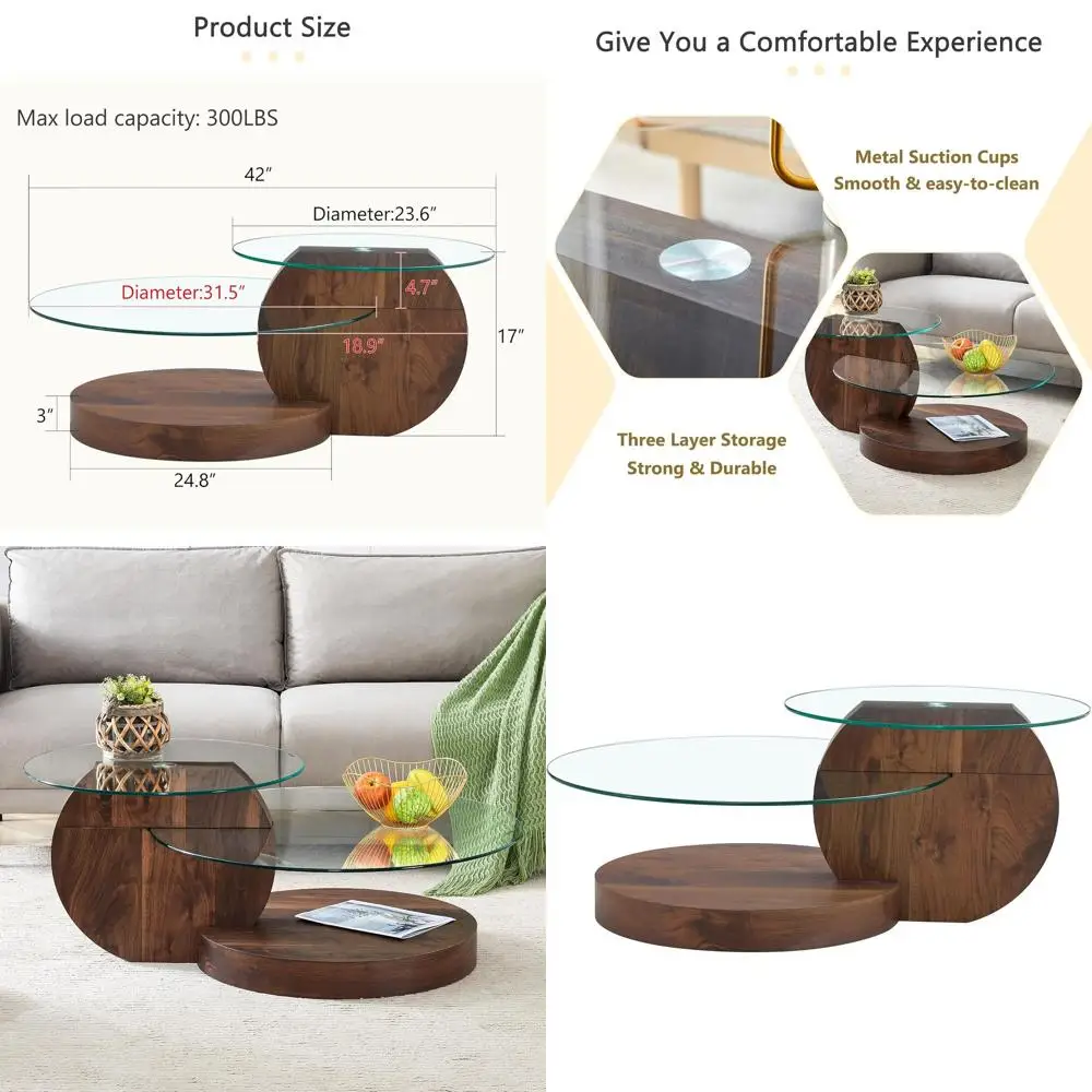 

3-Tier Walnut Storage Coffee Table, Clear Tempered Glass Top, Ideal for Small Spaces and Living Rooms
