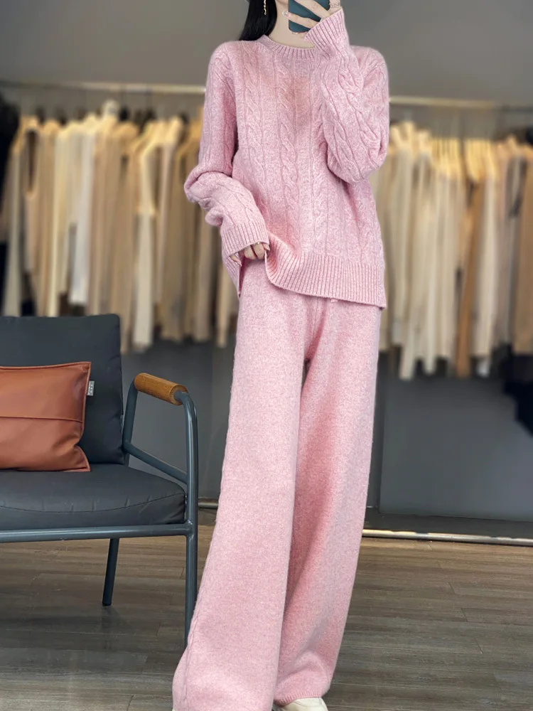 High Quality Wool Knitted Two Piece Set Autumn Winter New Women Solid O-neck Sweater and High Waist Wide Leg Pants Matching Suit