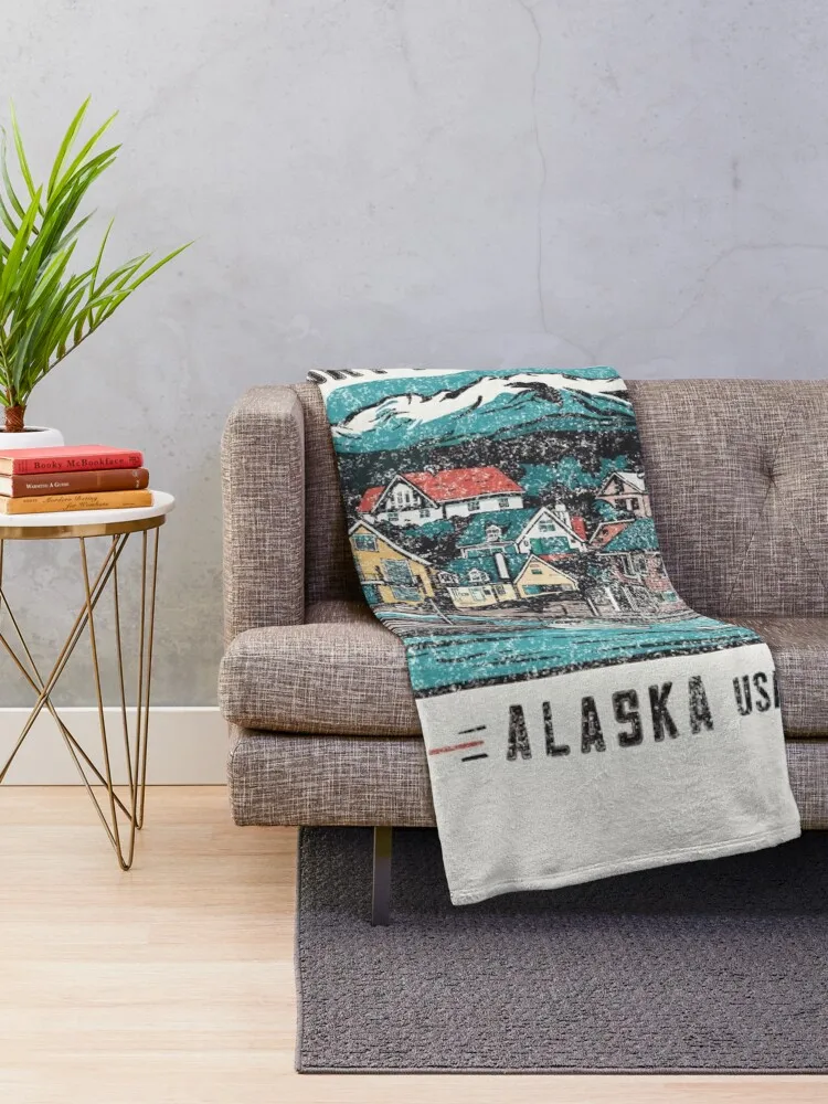 Vintage Port Protection, Alaska, AK design Throw Blanket Bed Retros Camping Blankets