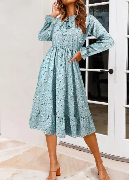 Primavera 2025 novo vestido feminino, design de cintura, formato de trompete elegante, mangas compridas, bordas com babados, padrão de flor