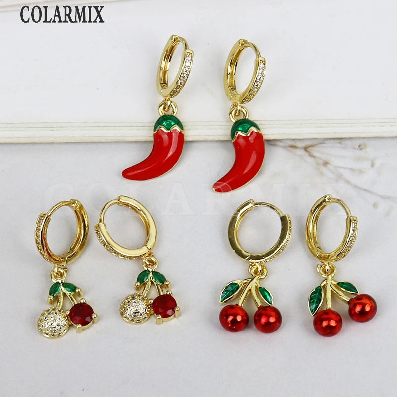 3 Pairs Wholesale Red Color Cherry Berry Fruit Lucky  Lovely Earrings Gold Plated Ears Accessories Women Jewelry Gift 31208