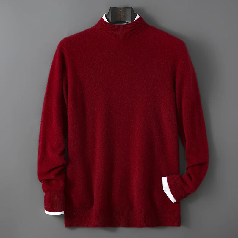 

Новый осенне-зимний мужской свитер из 100% чистой шерсти, вязаный пуловер с полувысоким воротником, повседневный свободный бесшовный теплый базовый свитер черного цвета