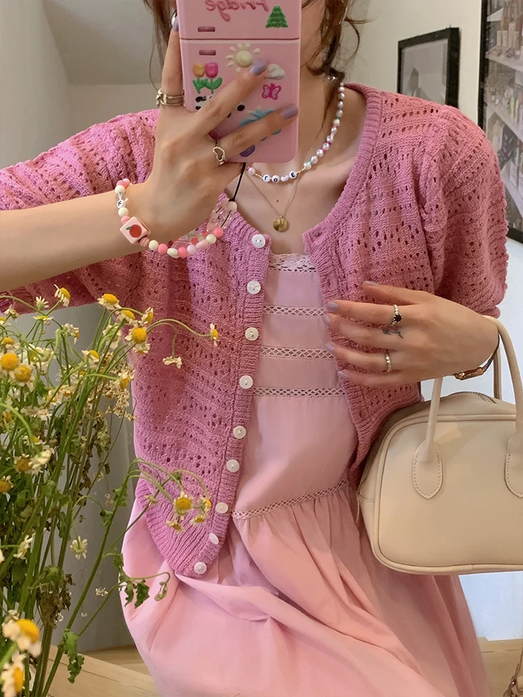 

Розовый ажурный вязаный кардиган с коротким рукавом для женщин, повседневный, приталенный топ в корейском стиле, А-силуэт, для работы и отдыха