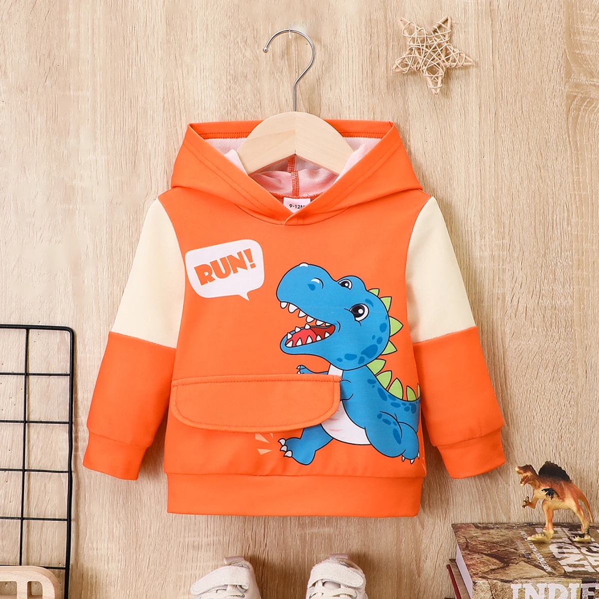 Winter Boys  And Girls  Hooded Dinosaur Long Sleeve Letter Sweater Fashion  Warm  Loose And Trendy