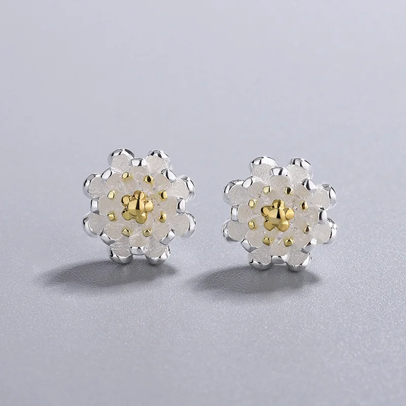 New Ethnic Style 925 Sterling Silver Jewelry Beautiful Lotus Flower Hand-made Simple Women Stud Earrings E072