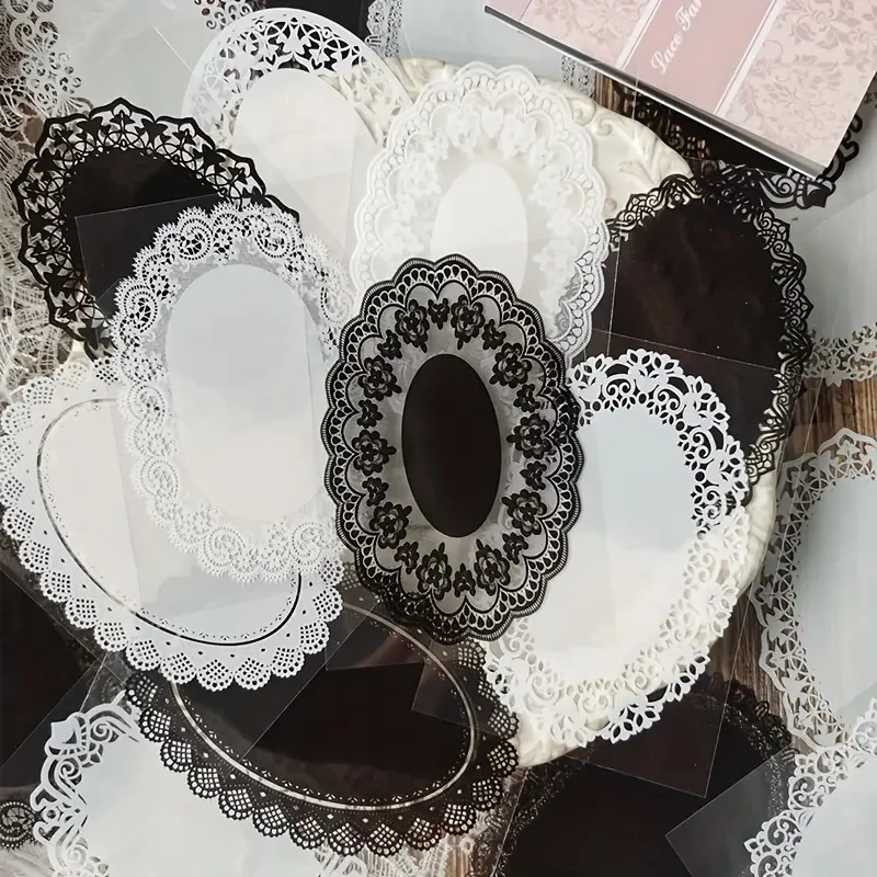 30 pezzi, adesivi in pizzo bianco e nero stile vintage libro diario fai da te spazzatura ufficiale decorazione collage album di adesivi in PET scrapbooking