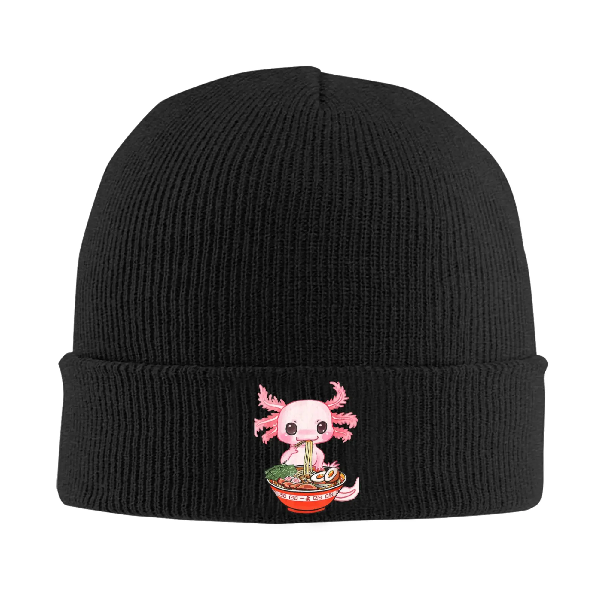 Kawaii Axolotl Eating Ramen Noodles Anime Knitted Caps for Women Men Skullies Beanies Winter Hats  Warm Caps